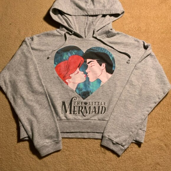 Disney Little Mermaid Women Medium Gray Cropped‎ Pullover Hoodie Sweatshirt (G) - Picture 1 of 8